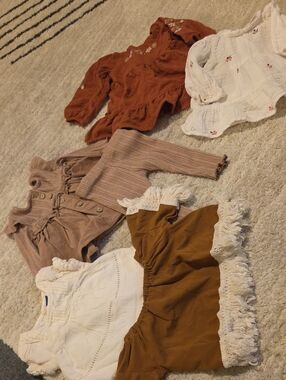 Girls Mixed Tops, Pants, & Dresses - Rust, Cream, Mauve, White, Mustard Set Boho